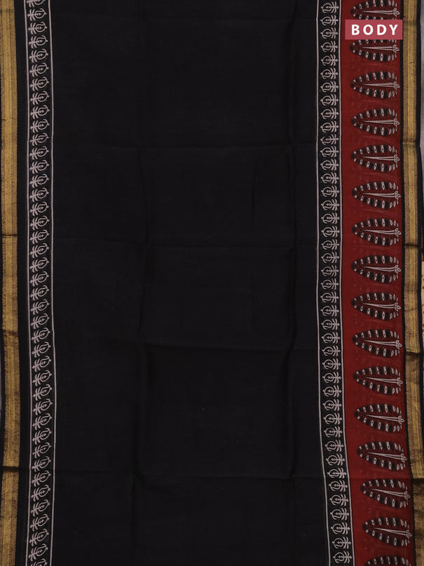 Chanderi bagru saree black with plain body and maheshwari border