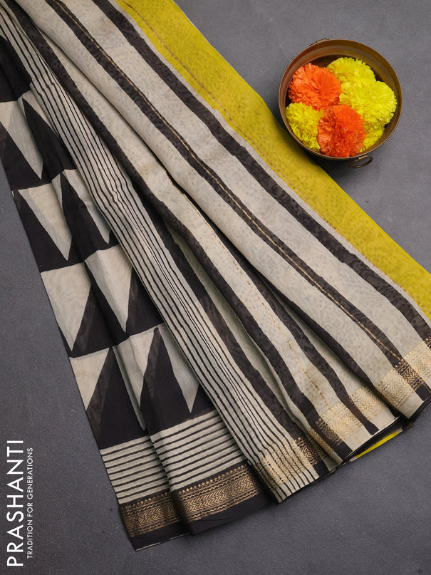 Chanderi bagru saree beige and black with allover geomatric prints and maheshwari border