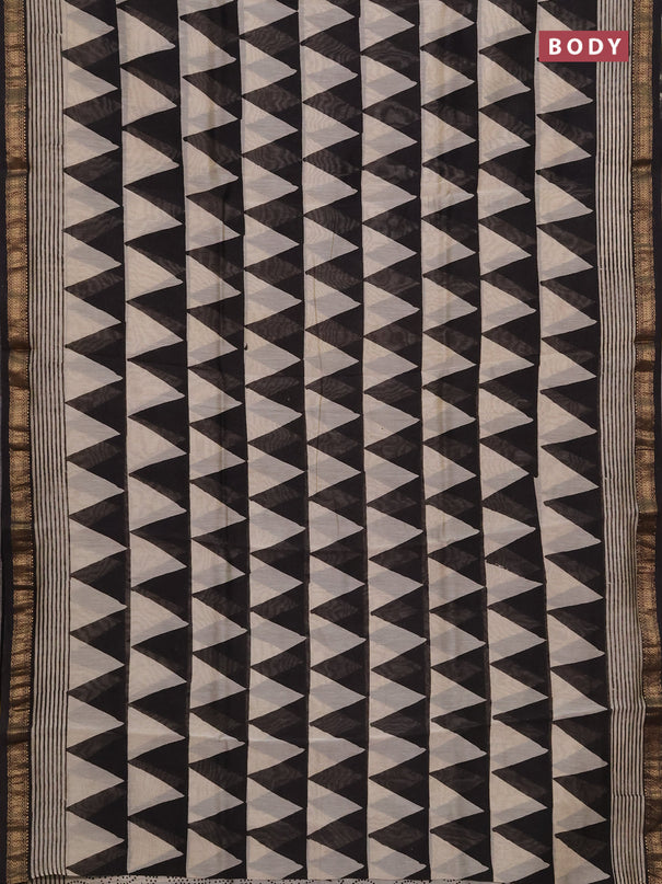 Chanderi bagru saree beige and black with allover geomatric prints and maheshwari border