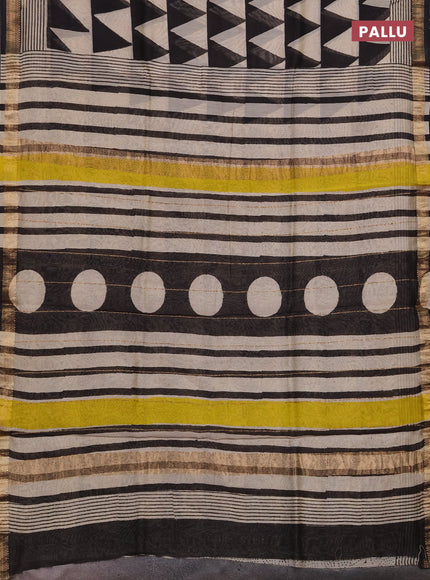 Chanderi bagru saree beige and black with allover geomatric prints and maheshwari border