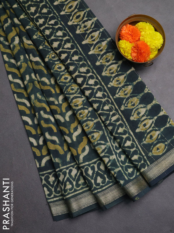 Chanderi bagru saree bottle green with allover batik prints and maheshwari border