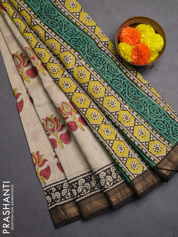 Chanderi bagru saree beige and black with allover kalamkari prints and maheshwari border