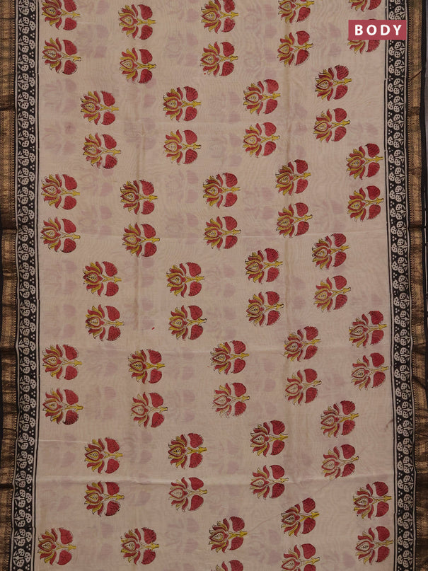 Chanderi bagru saree beige and black with allover kalamkari prints and maheshwari border