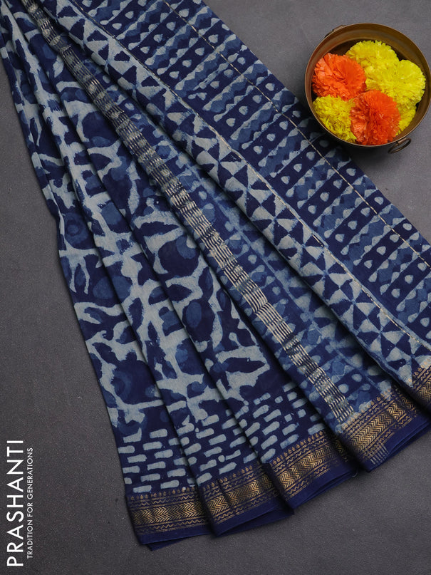 Chanderi bagru saree indigo blue with allover dabu prints and maheshwari border