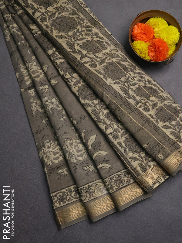 Chanderi bagru saree olive green with allover kalamkari prints and maheshwari border