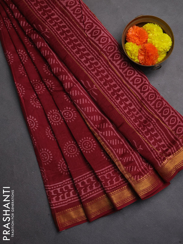 Chanderi bagru saree wine shade with allover batik prints and maheshwari border