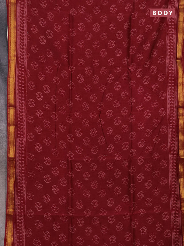 Chanderi bagru saree wine shade with allover batik prints and maheshwari border