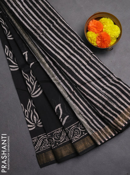 Chanderi bagru saree black with allover kalamkari prints and maheshwari border