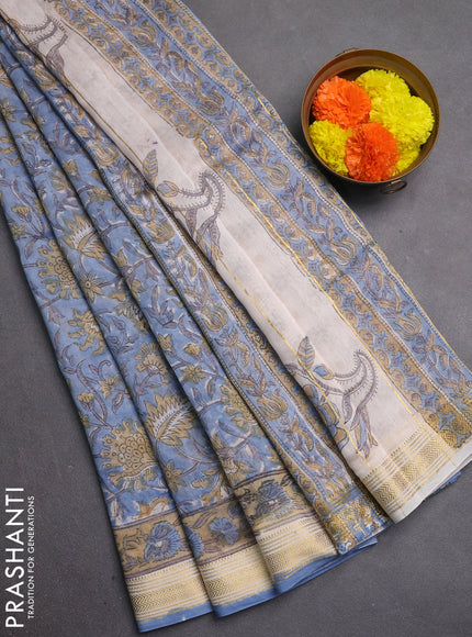 Chanderi bagru saree light blue and sandal with allover kalamkari prints and maheshwari border