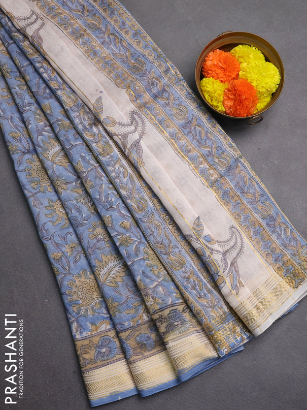 Chanderi bagru saree light blue and sandal with allover kalamkari prints and maheshwari border