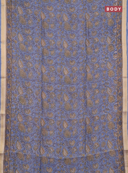 Chanderi bagru saree light blue and sandal with allover kalamkari prints and maheshwari border