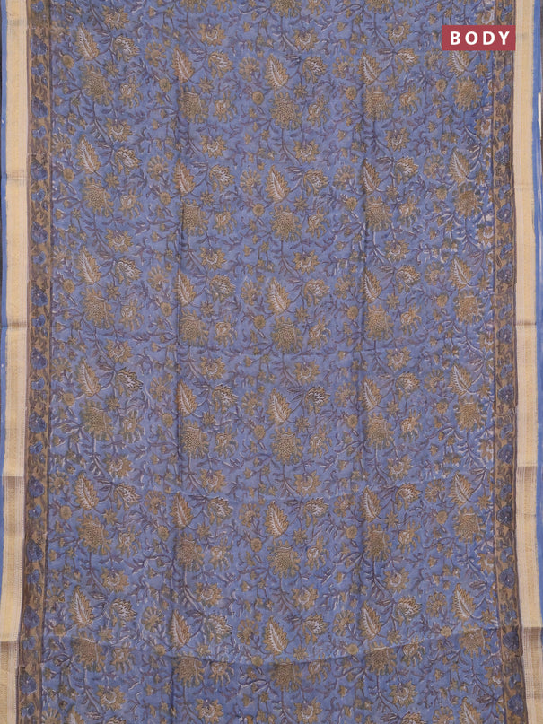 Chanderi bagru saree light blue and sandal with allover kalamkari prints and maheshwari border