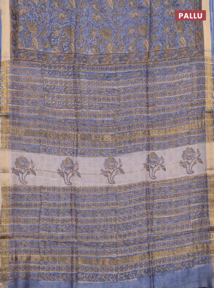 Chanderi bagru saree light blue and sandal with allover kalamkari prints and maheshwari border