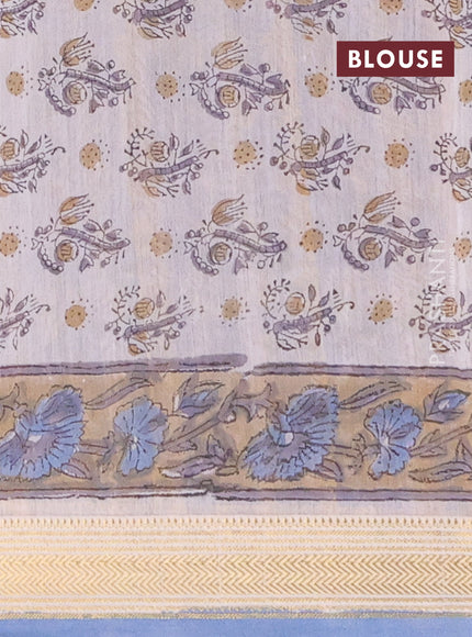 Chanderi bagru saree light blue and sandal with allover kalamkari prints and maheshwari border