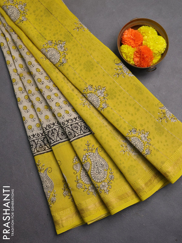 Chanderi bagru saree beige and lime yellow with allover floral butta prints and maheshwari border