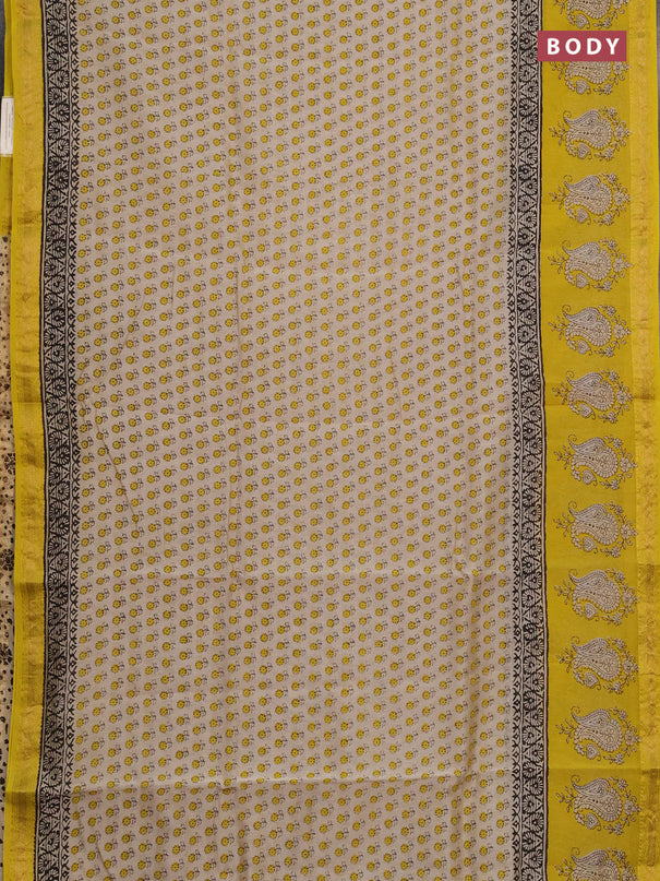 Chanderi bagru saree beige and lime yellow with allover floral butta prints and maheshwari border