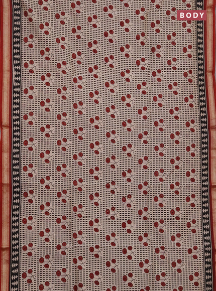 Chanderi bagru saree beige and maroon with allover prints and maheshwari border