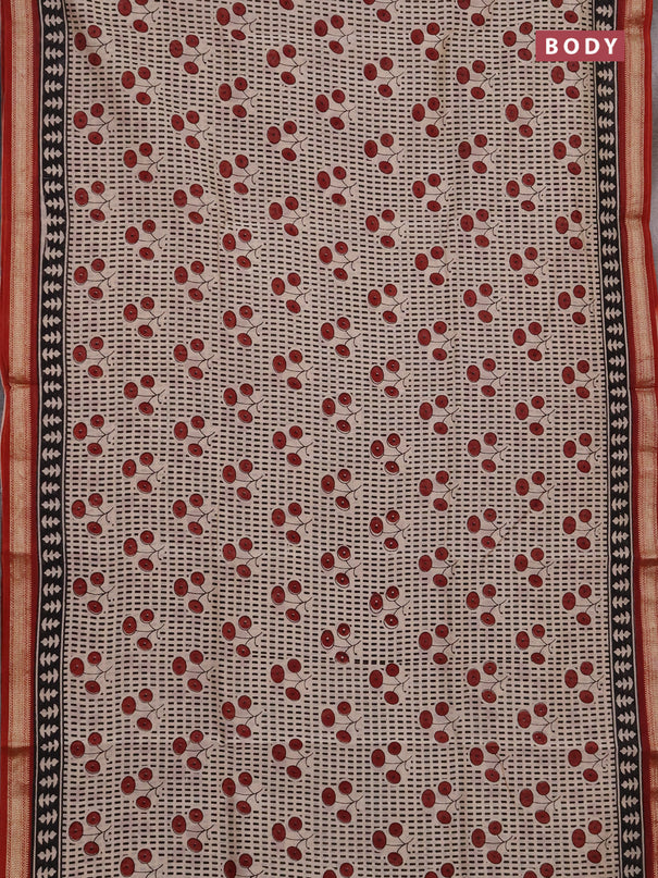 Chanderi bagru saree beige and maroon with allover prints and maheshwari border
