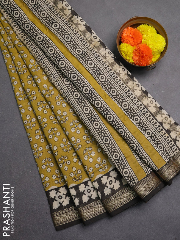 Chanderi bagru saree mehendi green and black with allover butta prints and maheshwari border