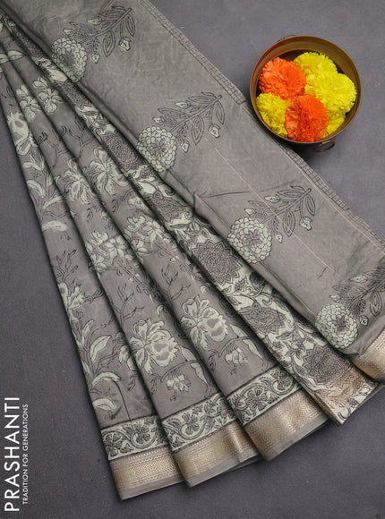 Chanderi bagru saree grey with allover kalamkari prints and maheshwari border