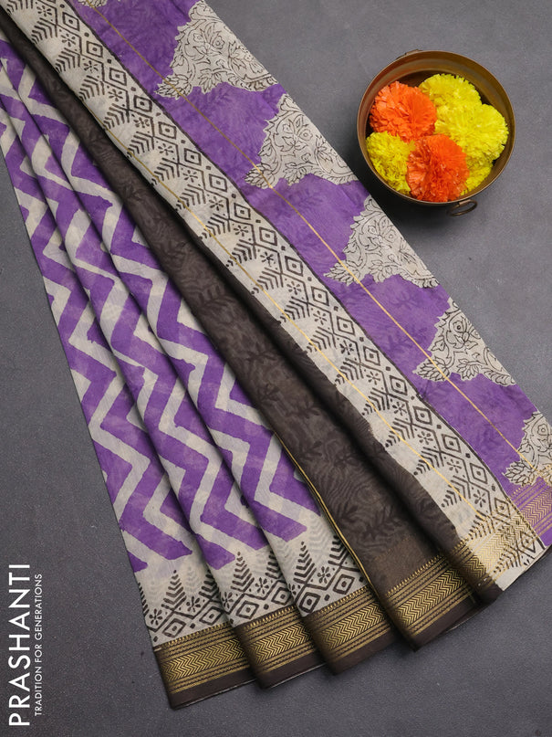 Chanderi bagru saree lavender with allover zig zag prints and maheshwari border