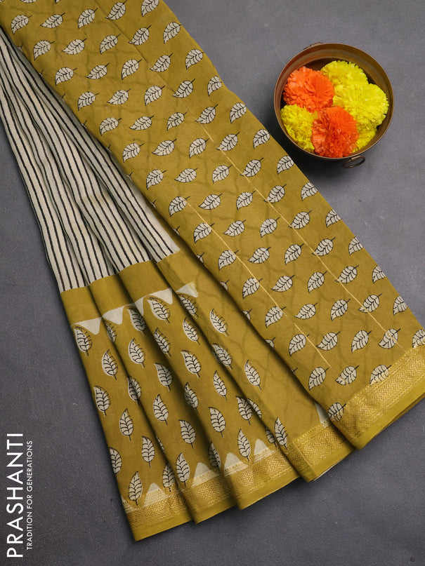 Chanderi bagru saree beige and light green with allover stripe pattern and maheshwari border