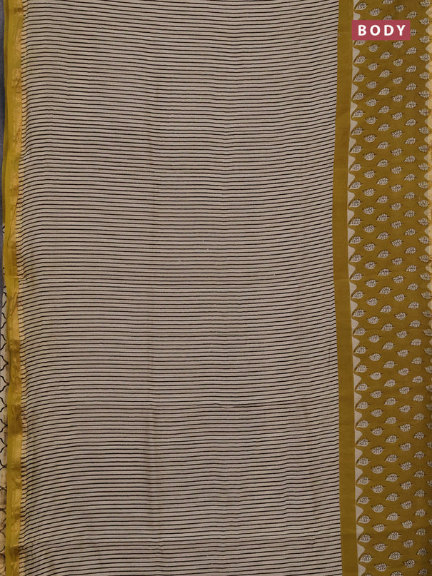 Chanderi bagru saree beige and light green with allover stripe pattern and maheshwari border