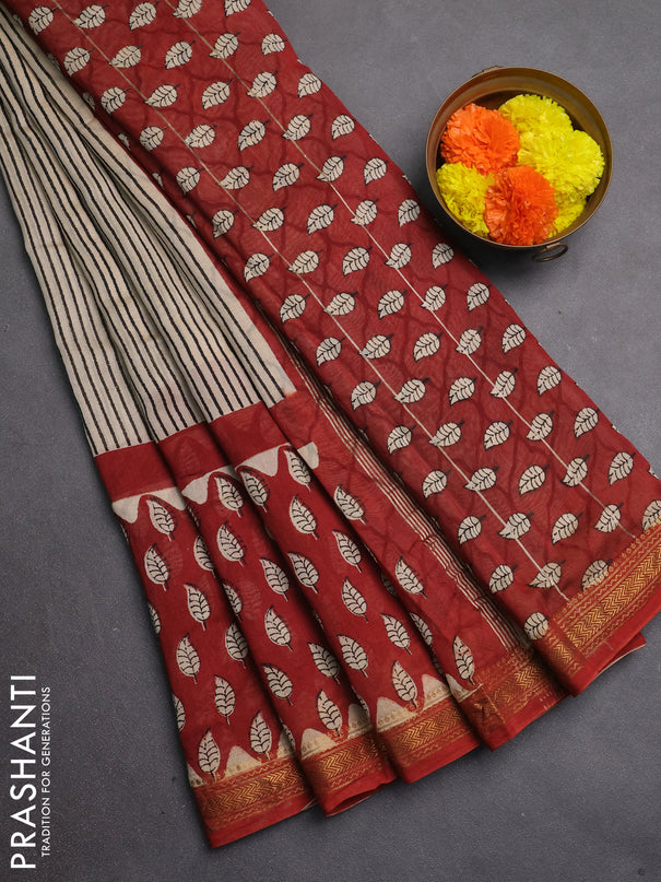 Chanderi bagru saree beige and rust shade with allover stripe pattern and maheshwari border