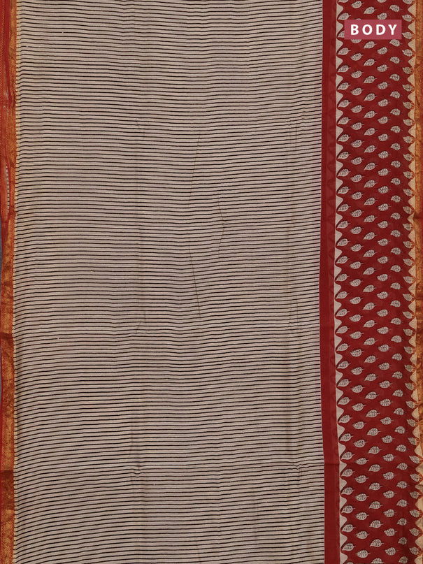 Chanderi bagru saree beige and rust shade with allover stripe pattern and maheshwari border