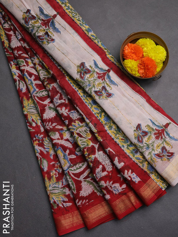 Chanderi bagru saree maroon with allover kalamkari prints and maheshwari border