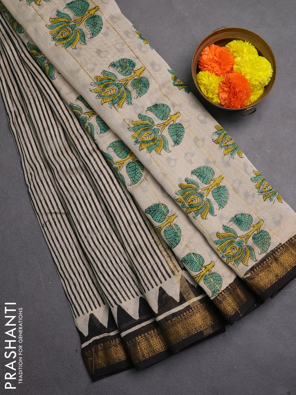 Chanderi bagru saree beige and black with allover stripe pattern and maheshwari border