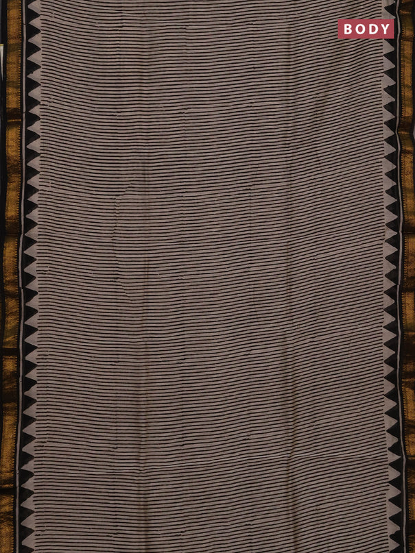 Chanderi bagru saree beige and black with allover stripe pattern and maheshwari border