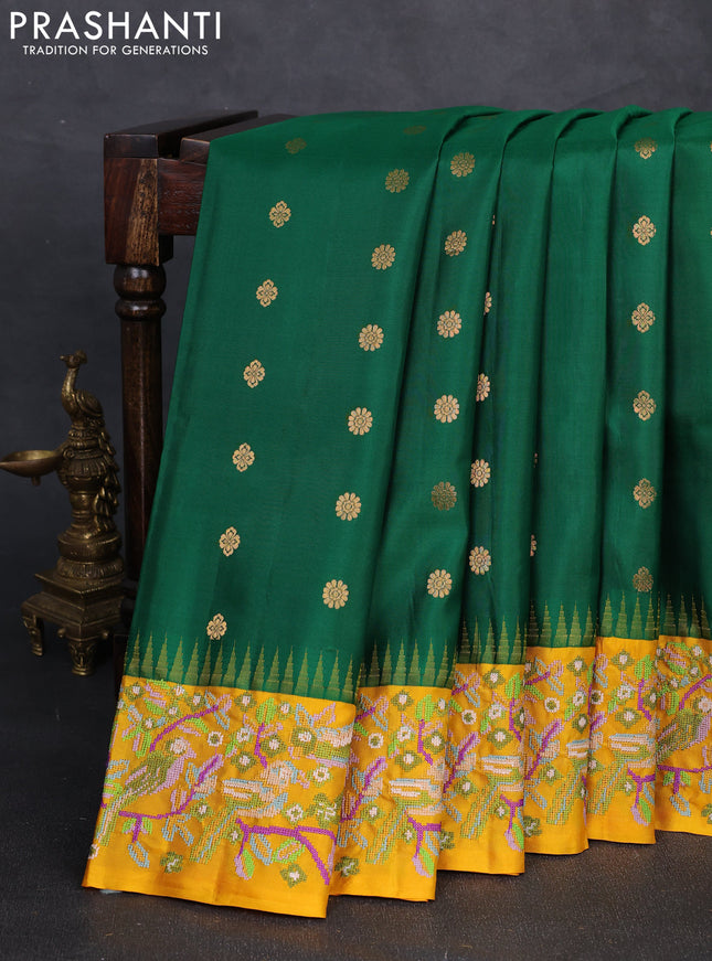 Pure gadwal silk saree green and mango yellow with allover zari woven buttas and temple design convent embroidery