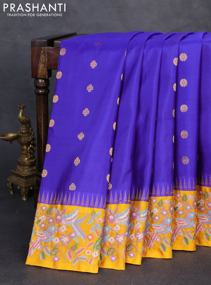 Pure gadwal silk saree royal blue and mango yellow with allover zari woven buttas and temple design convent embroidery