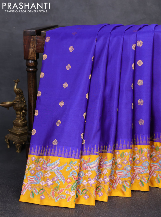 Pure gadwal silk saree royal blue and mango yellow with allover zari woven buttas and temple design convent embroidery