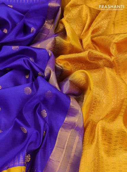 Pure gadwal silk saree royal blue and mango yellow with allover zari woven buttas and temple design convent embroidery
