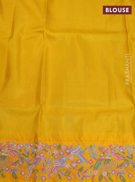 Pure gadwal silk saree royal blue and mango yellow with allover zari woven buttas and temple design convent embroidery