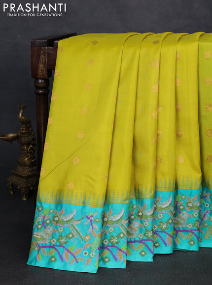 Pure gadwal silk saree lime green and teal green with allover zari woven buttas and temple design convent embroidery