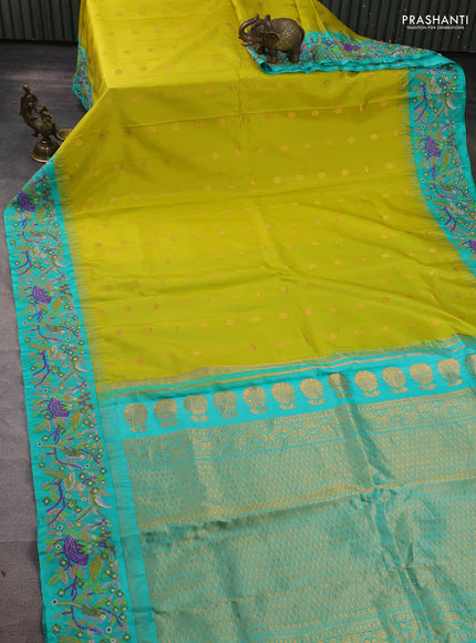 Pure gadwal silk saree lime green and teal green with allover zari woven buttas and temple design convent embroidery