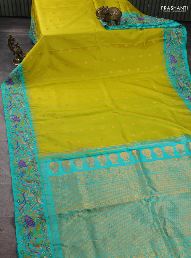 Pure gadwal silk saree lime green and teal green with allover zari woven buttas and temple design convent embroidery