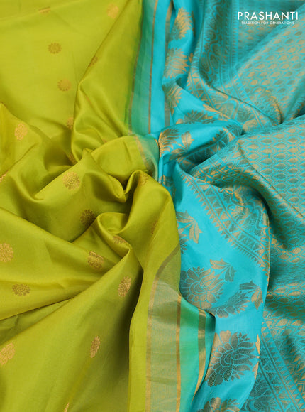 Pure gadwal silk saree lime green and teal green with allover zari woven buttas and temple design convent embroidery
