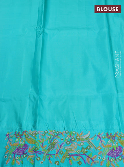 Pure gadwal silk saree lime green and teal green with allover zari woven buttas and temple design convent embroidery