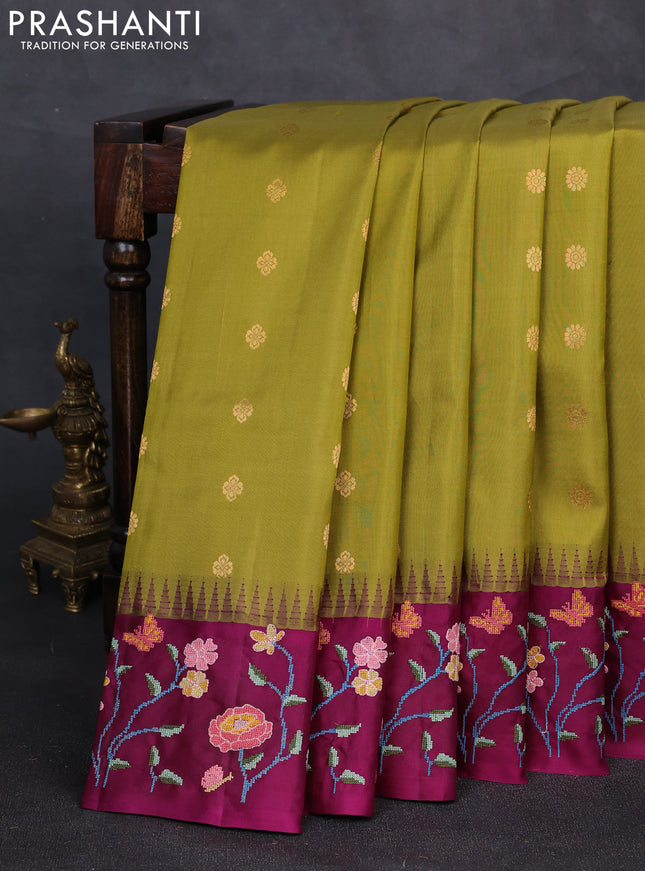 Pure gadwal silk saree mehendi green and dark magenta with allover zari woven buttas and temple design convent embroidery