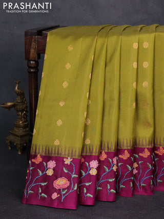 Pure gadwal silk saree mehendi green and dark magenta with allover zari woven buttas and temple design convent embroidery