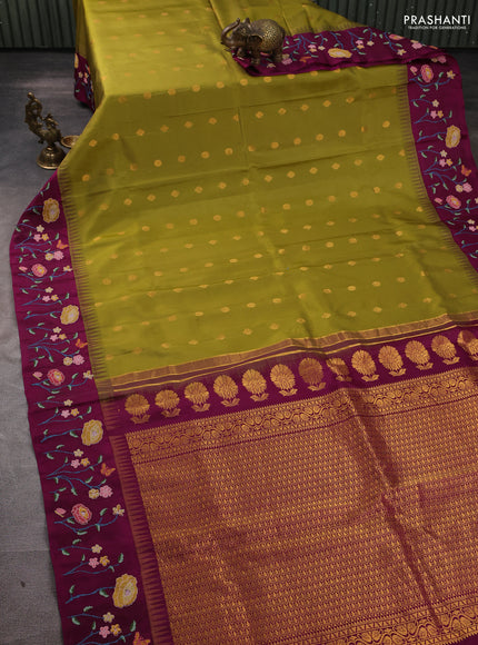 Pure gadwal silk saree mehendi green and dark magenta with allover zari woven buttas and temple design convent embroidery
