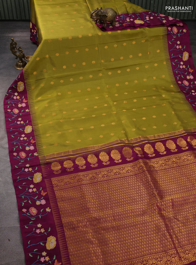 Pure gadwal silk saree mehendi green and dark magenta with allover zari woven buttas and temple design convent embroidery