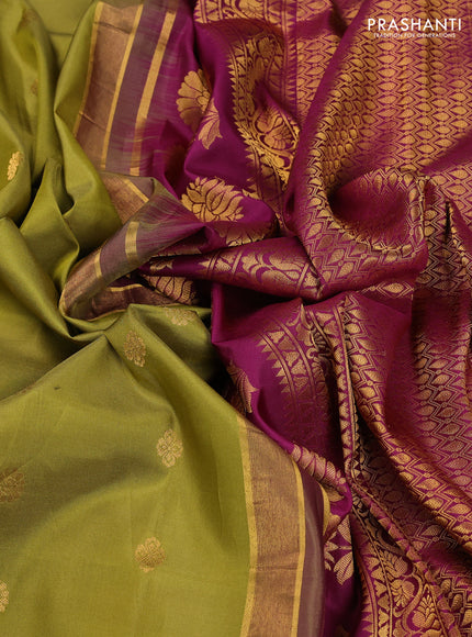 Pure gadwal silk saree mehendi green and dark magenta with allover zari woven buttas and temple design convent embroidery