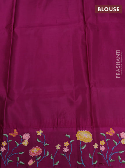 Pure gadwal silk saree mehendi green and dark magenta with allover zari woven buttas and temple design convent embroidery