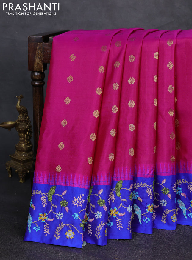 Pure gadwal silk saree pink and royal blue with allover zari woven buttas and temple design convent embroidery