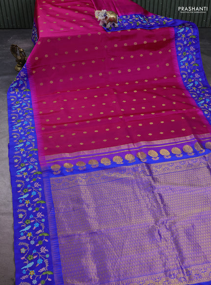 Pure gadwal silk saree pink and royal blue with allover zari woven buttas and temple design convent embroidery